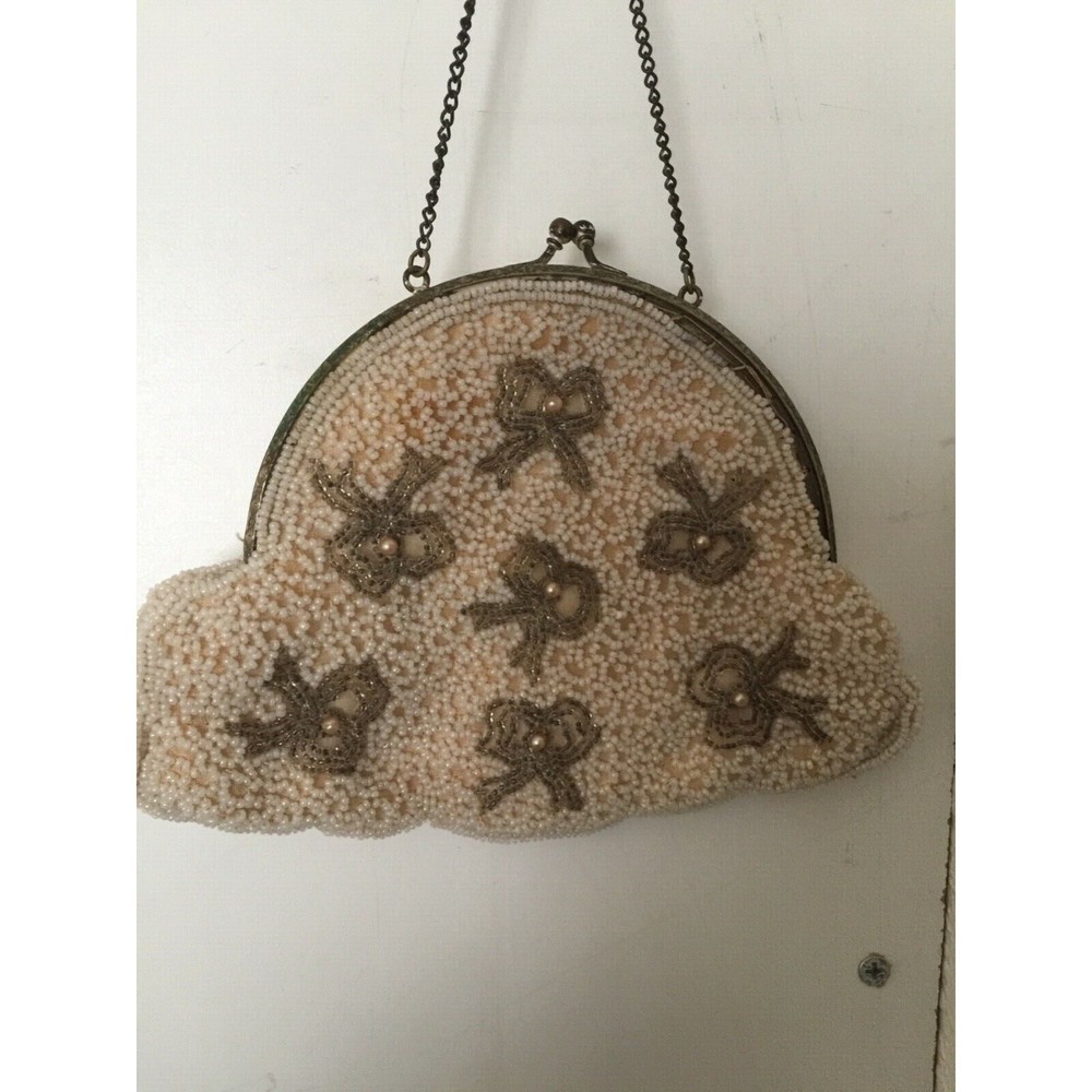 Rare vintage beaded 50’s? Purse‎ bows gold beige evening bag La Vaga made USA